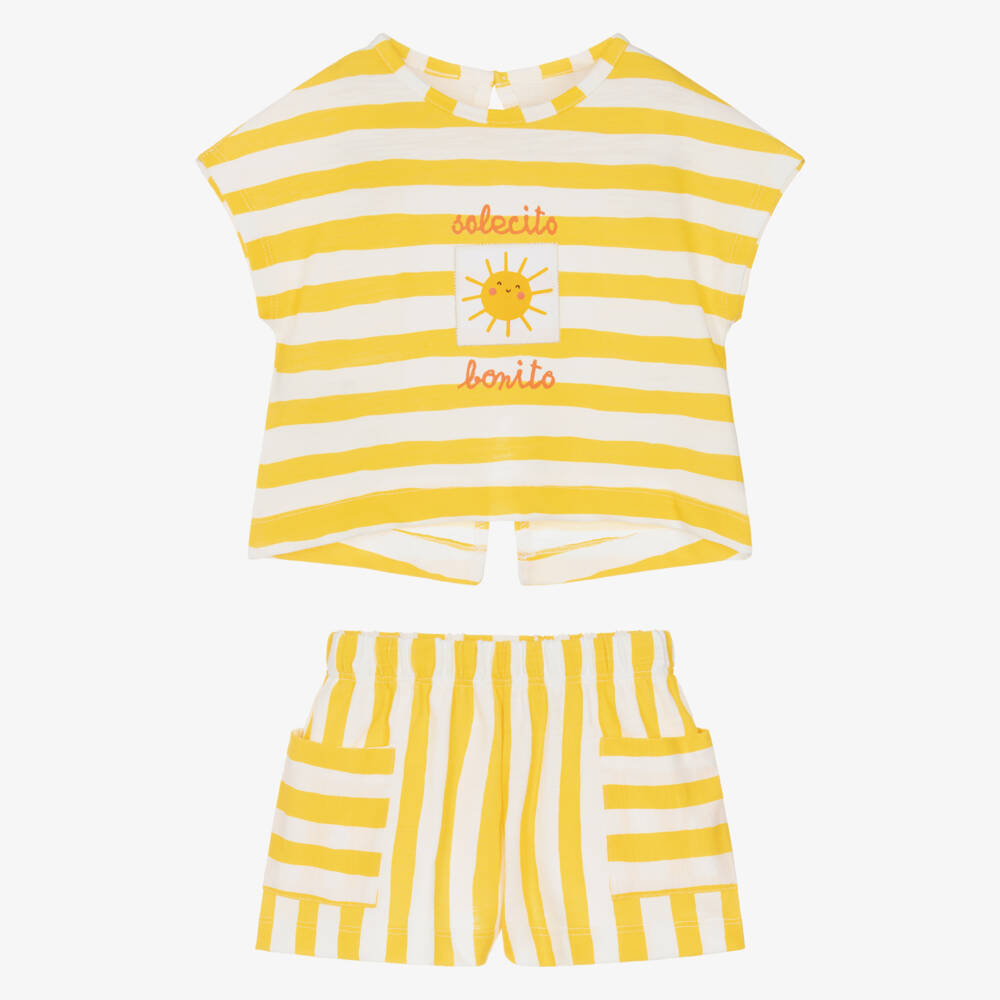 Mayoral-Girls Yellow & White Striped Cotton Shorts Set | Childrensalon
