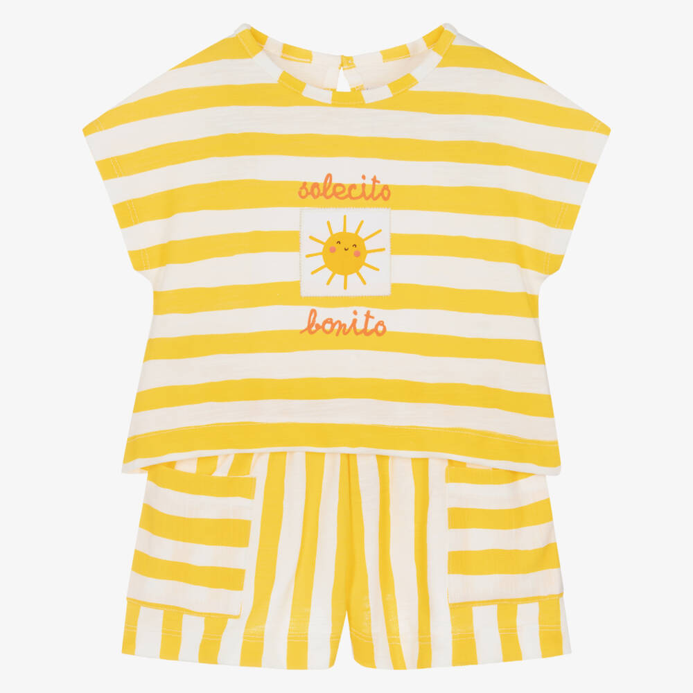 Mayoral-Girls Yellow & White Striped Cotton Shorts Set | Childrensalon
