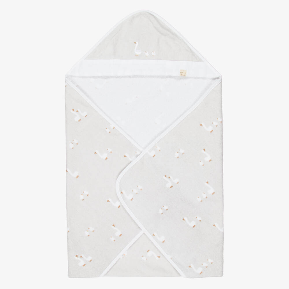 Mayoral Newborn-Grey Hooded Towel with White Duck Print (86cm) | Childrensalon