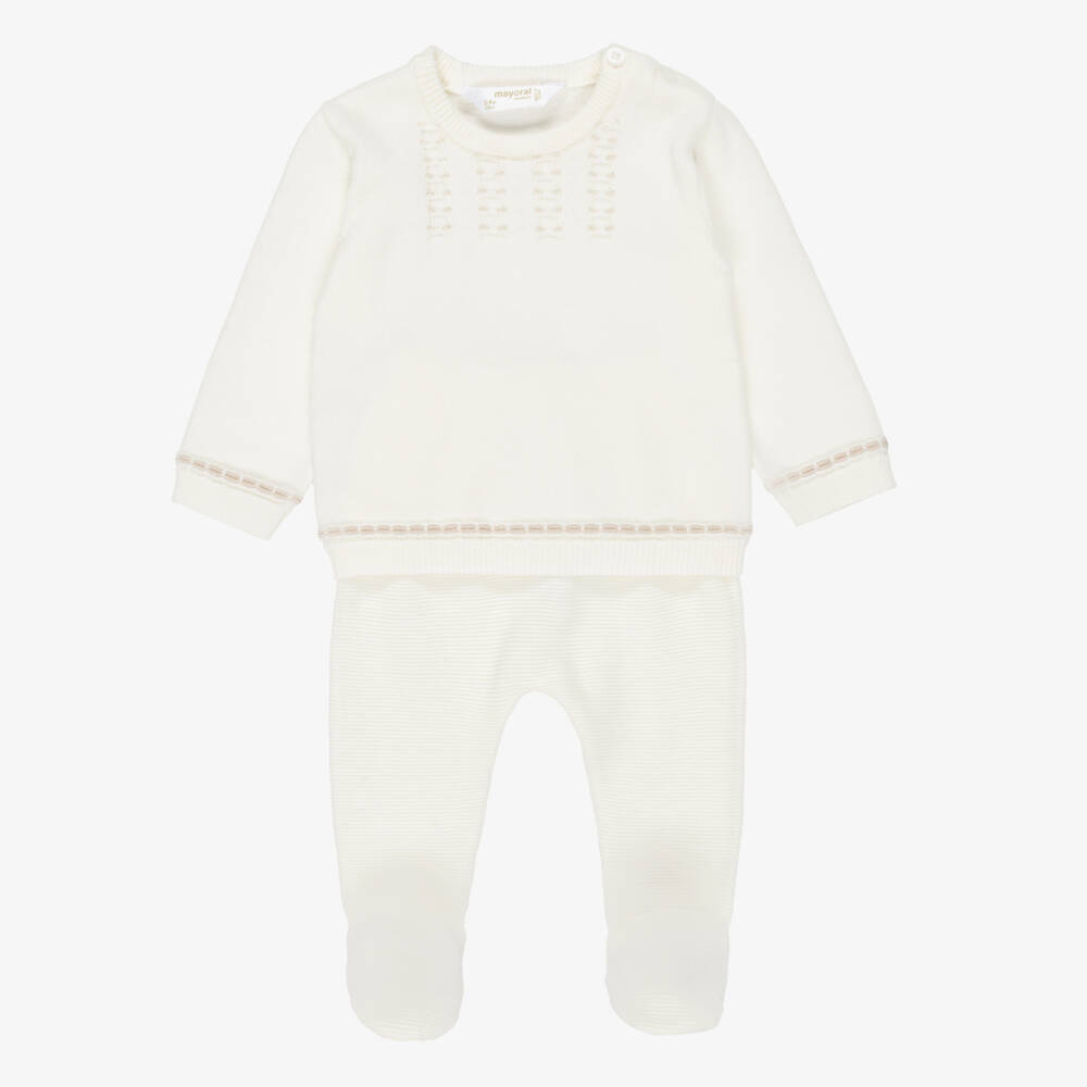 Mayoral-Ivory & Beige Cotton Knit 2 Piece Babygrow | Childrensalon