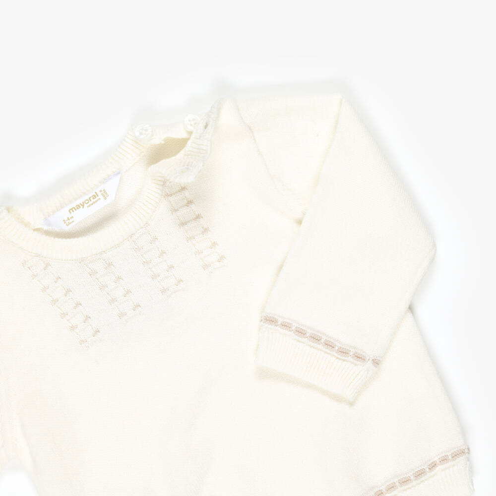 Mayoral-Ivory & Beige Cotton Knit 2 Piece Babygrow | Childrensalon