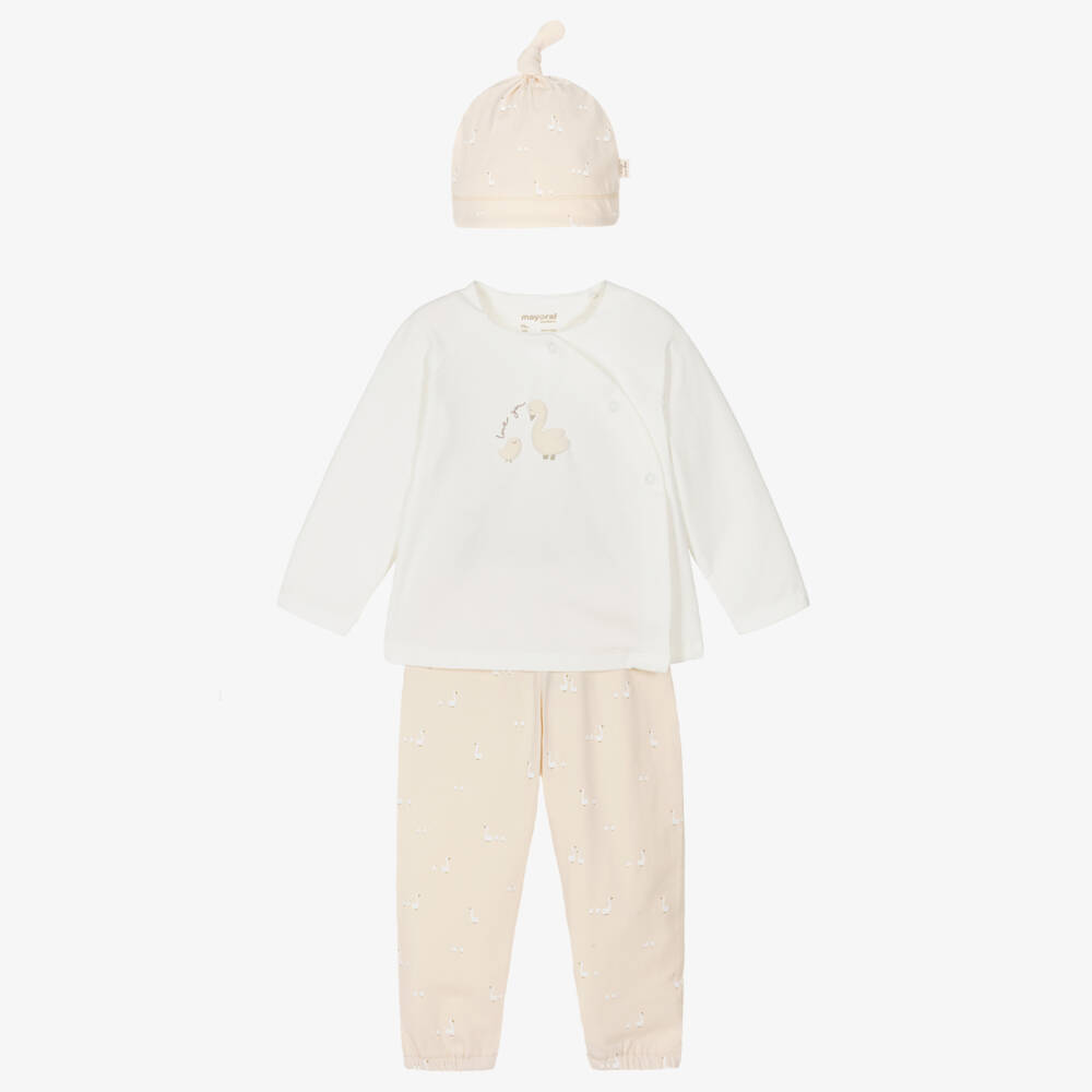 Mayoral Newborn-Ivory & Beige Duck Print Cotton Baby Trouser Set | Childrensalon