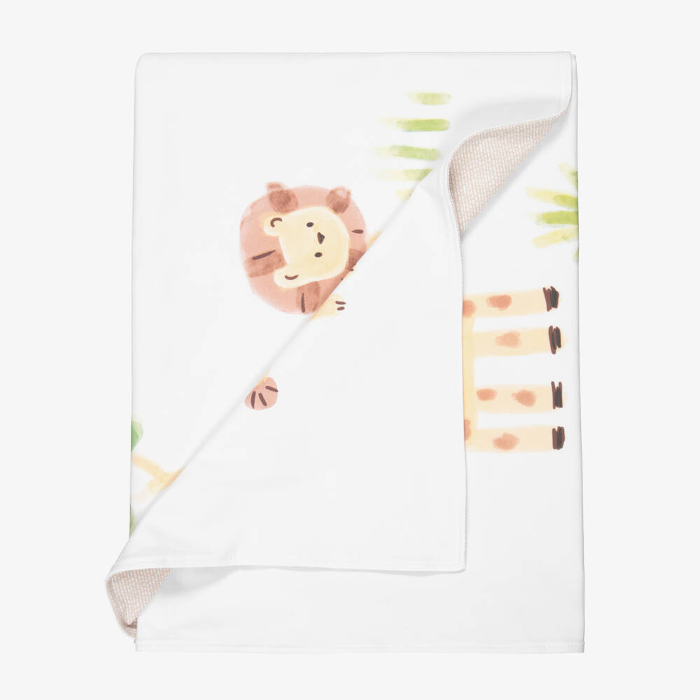 Mayoral Newborn-Ivory & Beige Reversible Blanket with Safari Animals (90cm) | Childrensalon