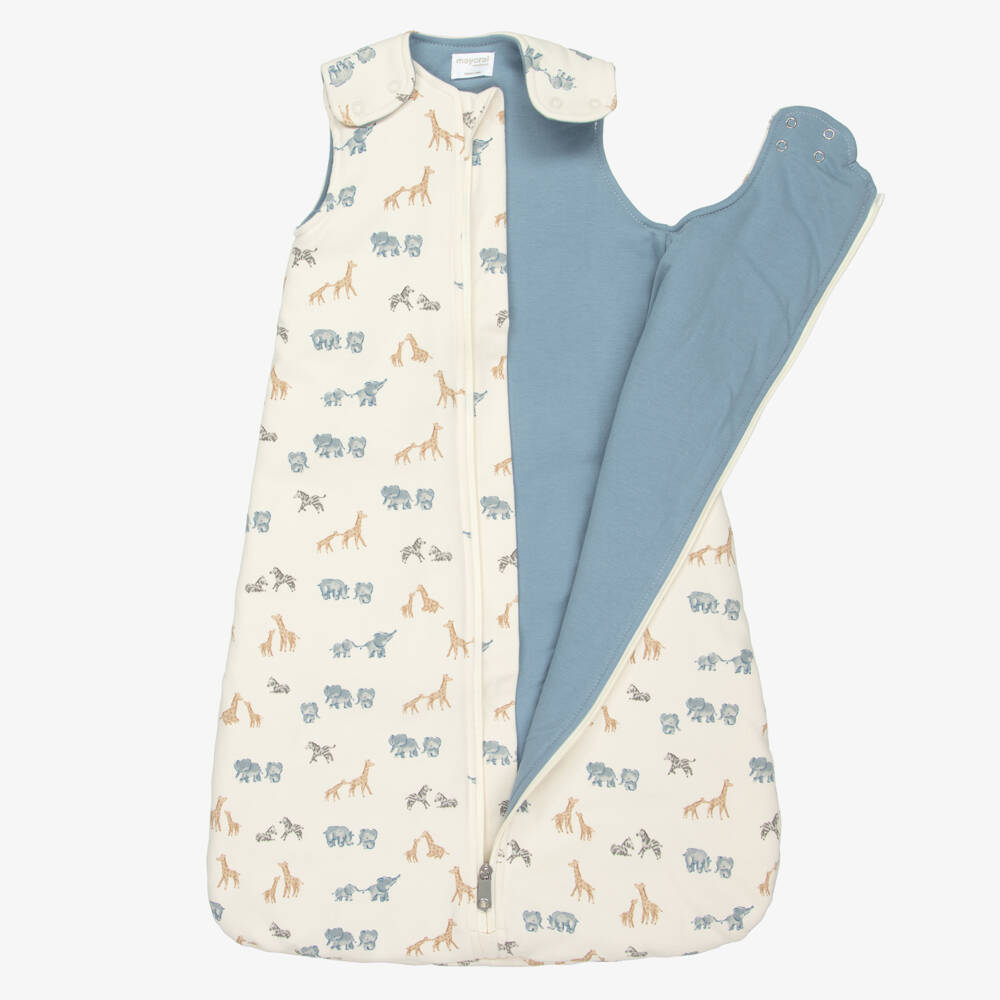 Mayoral Newborn-Ivory & Blue Cotton Jersey Safari Animals Sleeping Bag (75cm) | Childrensalon