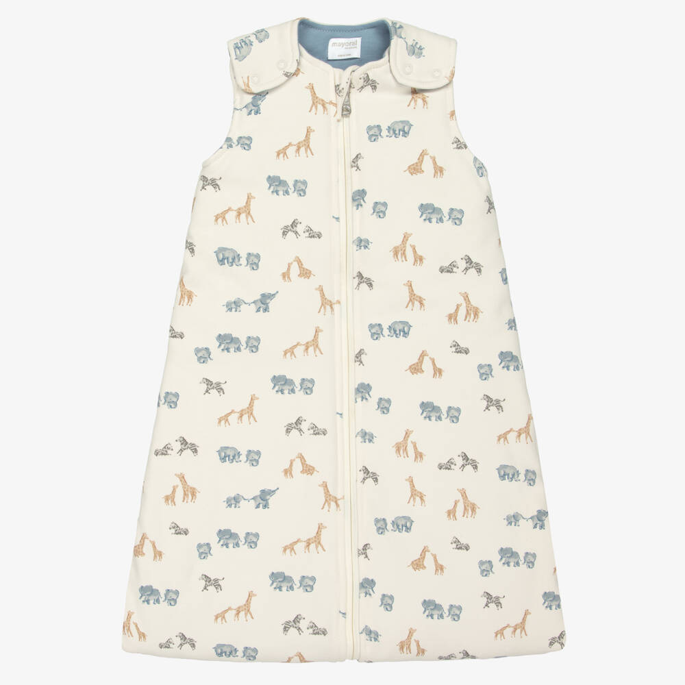 Mayoral Newborn-Ivory & Blue Cotton Jersey Safari Animals Sleeping Bag (75cm) | Childrensalon