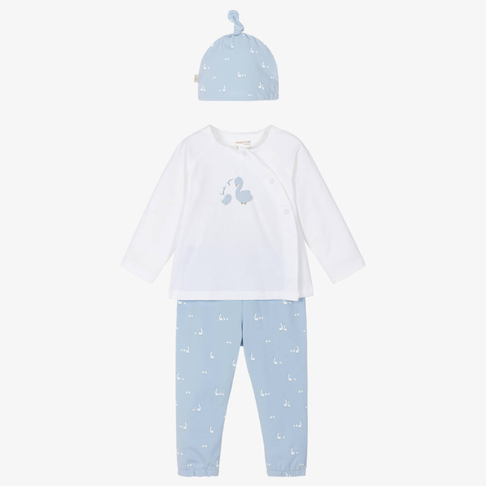 Mayoral Newborn-Ivory & Blue Duck Print Cotton Baby Trouser Set | Childrensalon