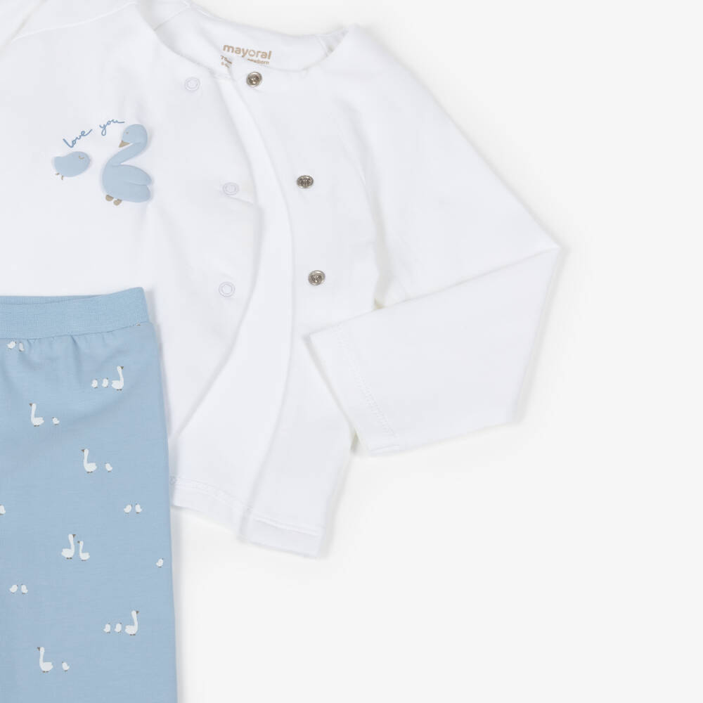 Mayoral Newborn-Ivory & Blue Duck Print Cotton Baby Trouser Set | Childrensalon
