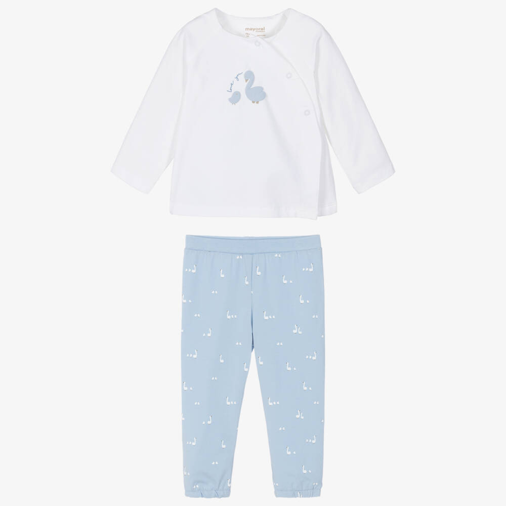 Mayoral Newborn-Ivory & Blue Duck Print Cotton Baby Trouser Set | Childrensalon