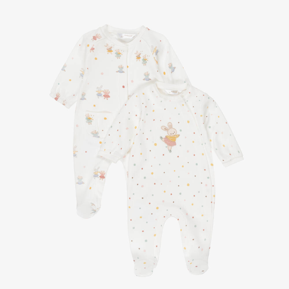 Mayoral Newborn-Ivory Cotton Bunny & Teddy Babygrows (2 Pack) | Childrensalon
