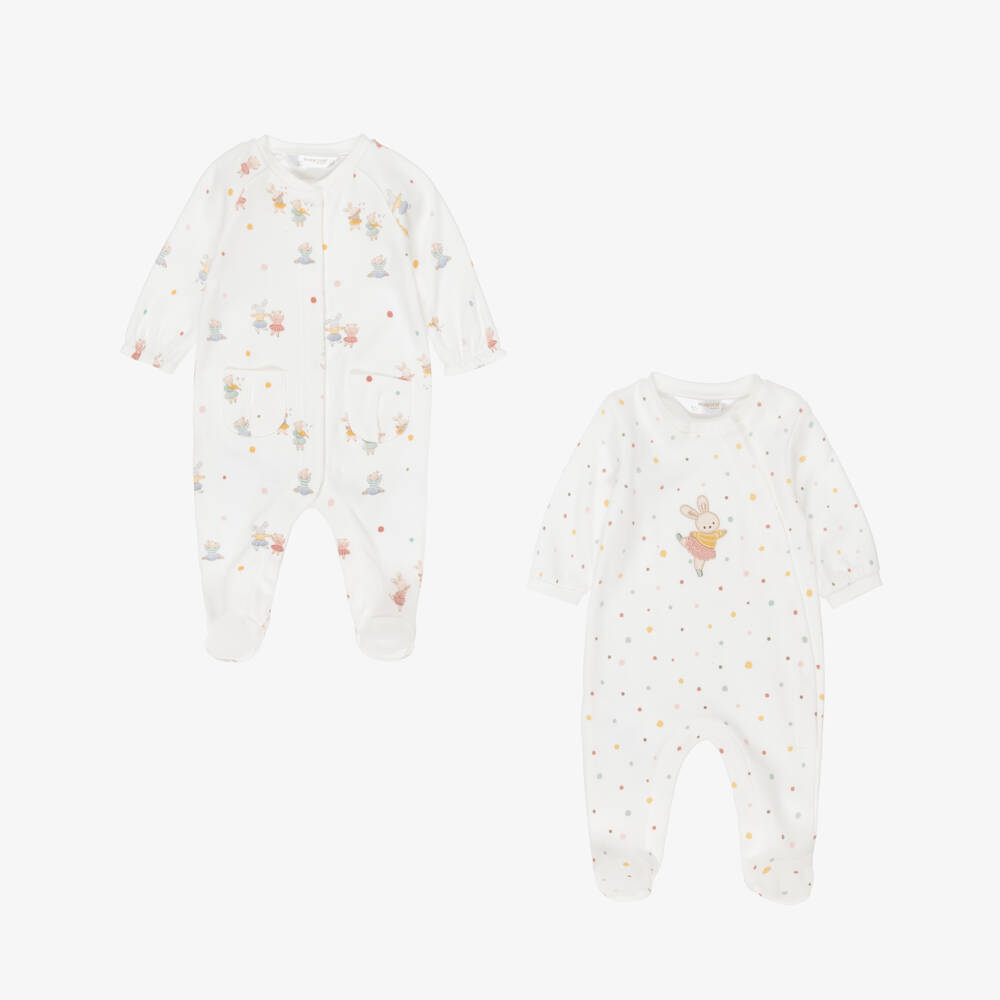 Mayoral Newborn-Ivory Cotton Bunny & Teddy Babygrows (2 Pack) | Childrensalon