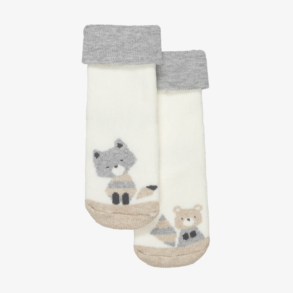 Mayoral Newborn-Ivory Cotton Fox Baby Socks with Rubberised Grips | Childrensalon