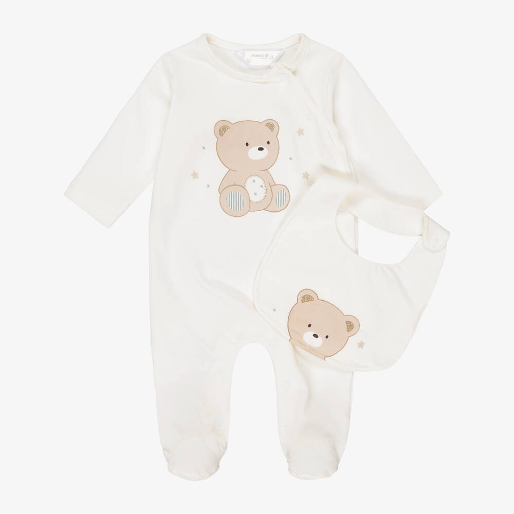 Mayoral Для новорожденных-Ivory Cotton Jersey Babysuit Set with Teddy Bear Motif | Childrensalon