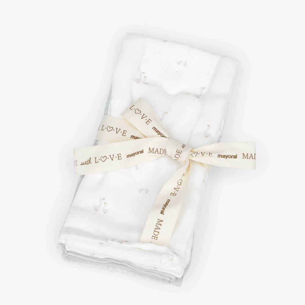 Mayoral Newborn-Ivory & Grey Duck Print Baby Muslins (3 Pack) | Childrensalon