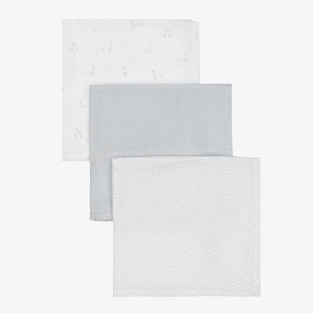 Mayoral Newborn-Ivory & Grey Duck Print Baby Muslins (3 Pack) | Childrensalon