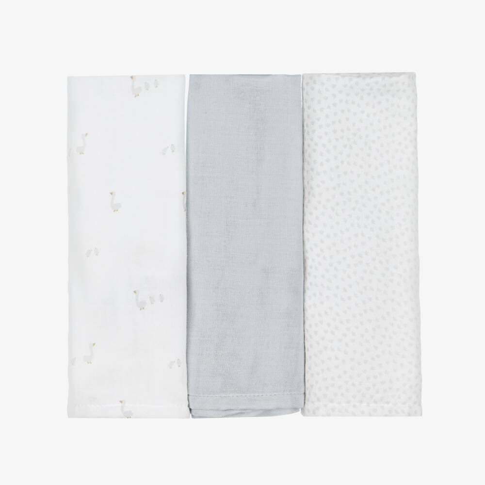 Mayoral Newborn-Ivory & Grey Duck Print Baby Muslins (3 Pack) | Childrensalon