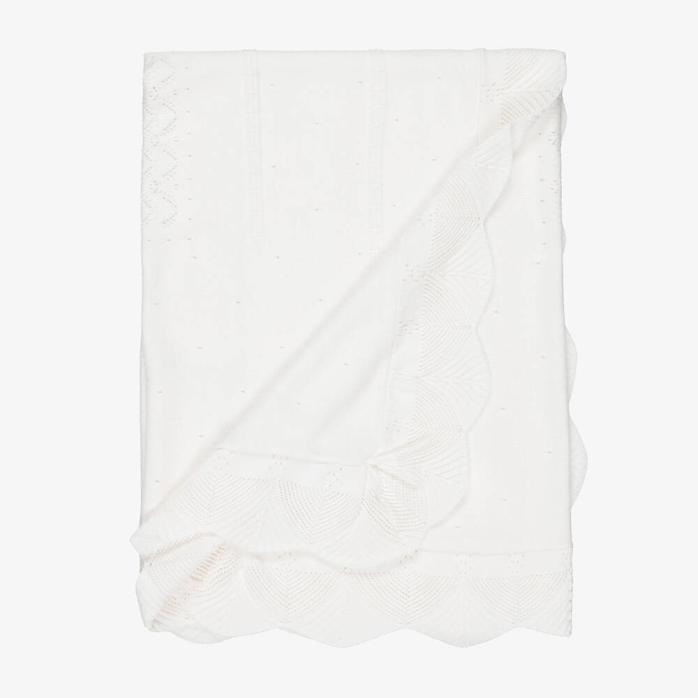 Mayoral Для новорожденных-Ivory Knitted Baby Blanket with Lacy Details (100cm) | Childrensalon