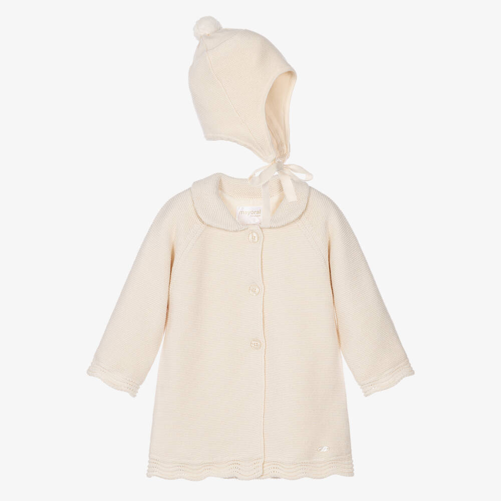 Mayoral- Ivory Knitted Baby Coat & Hat Set | Childrensalon