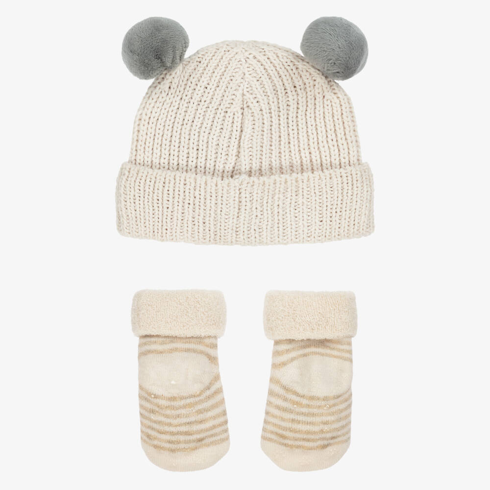 Mayoral Newborn-Ivory Knitted Bear Baby Hat & Booties Set | Childrensalon