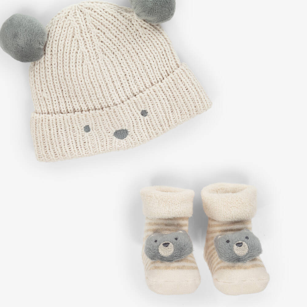 Mayoral Newborn-Ivory Knitted Bear Baby Hat & Booties Set | Childrensalon
