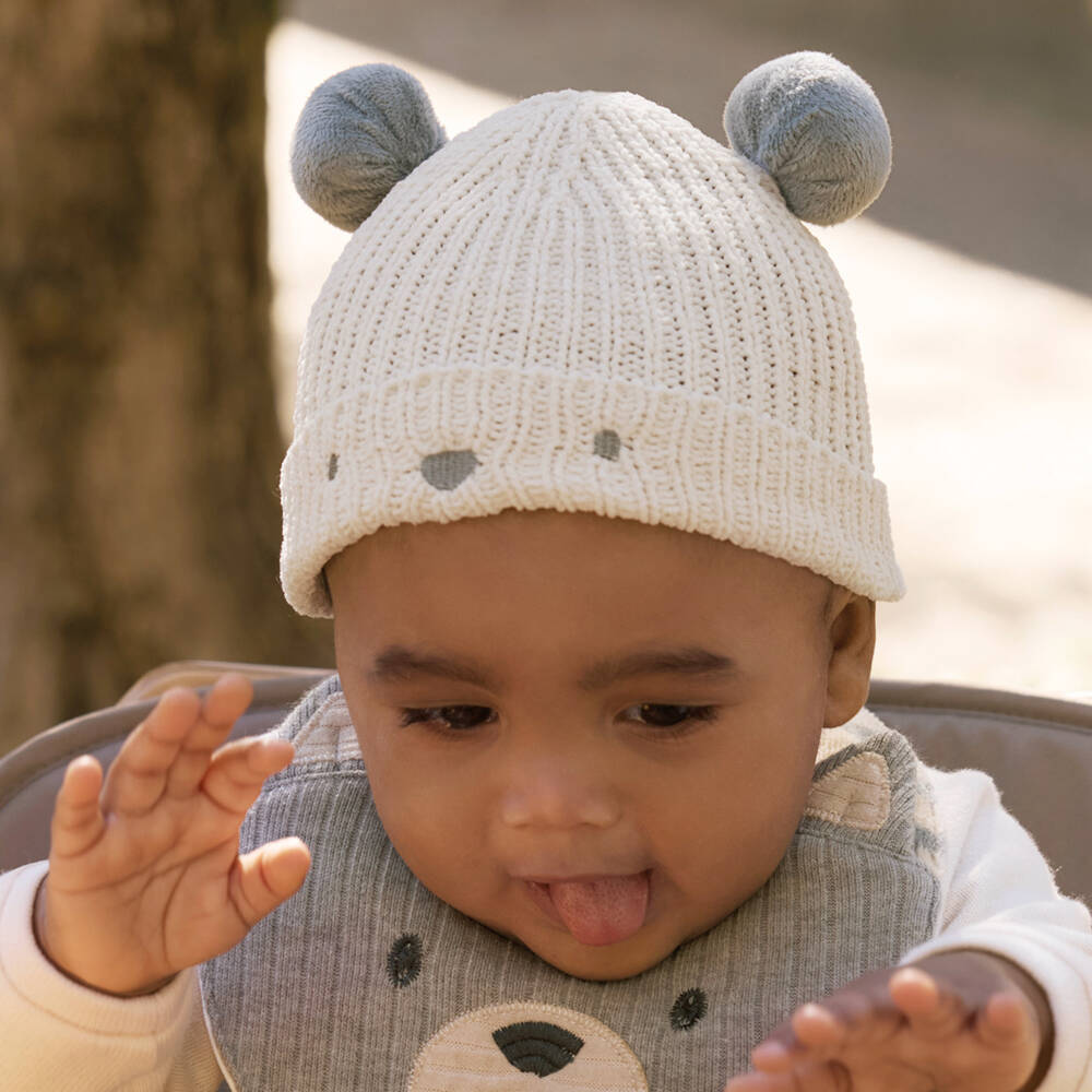 Mayoral Newborn-Ivory Knitted Bear Baby Hat & Booties Set | Childrensalon