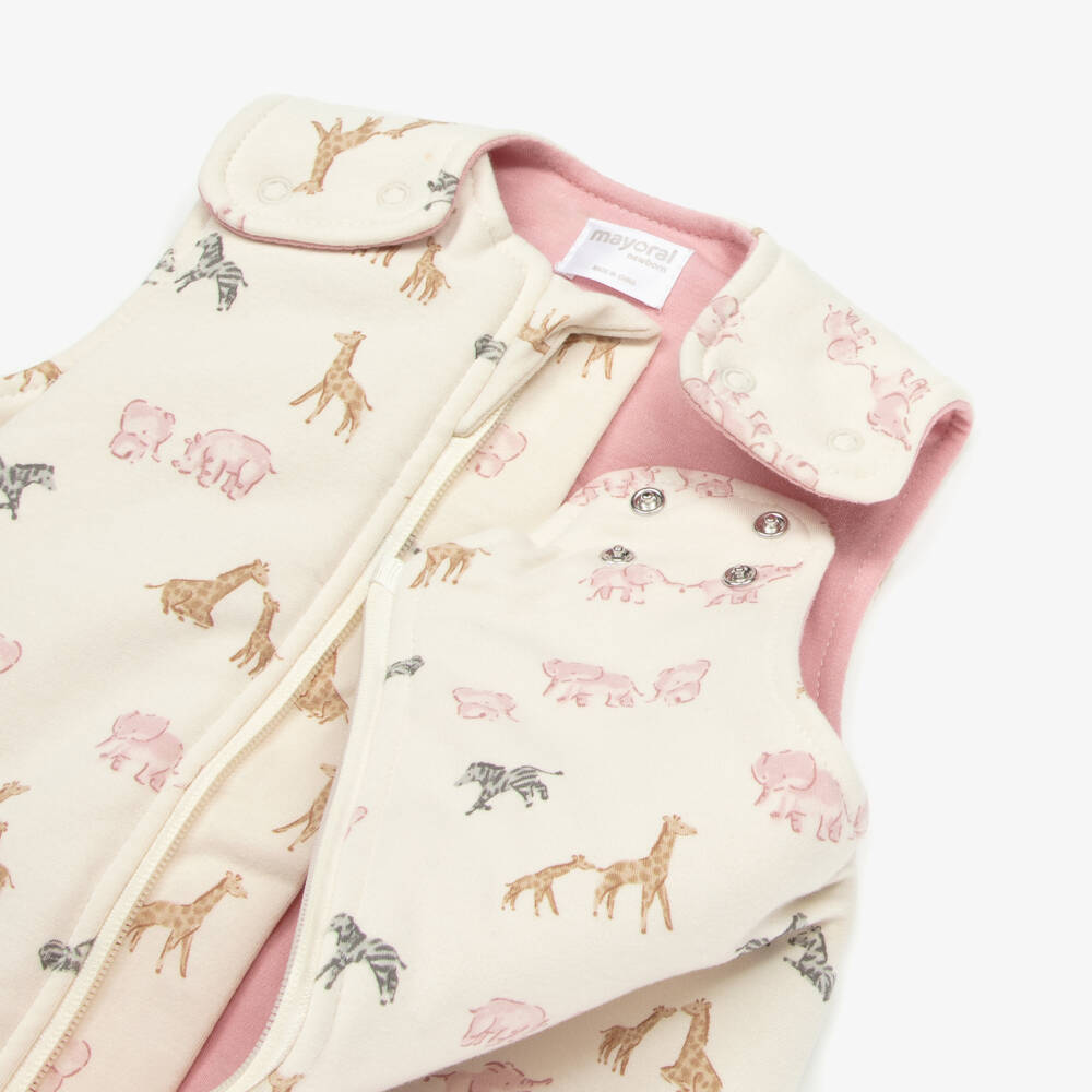 Mayoral Для новорожденных-Спальный мешок кремово-розовый из хлопкового трикотажа с животными сафари (75см) | Childrensalon