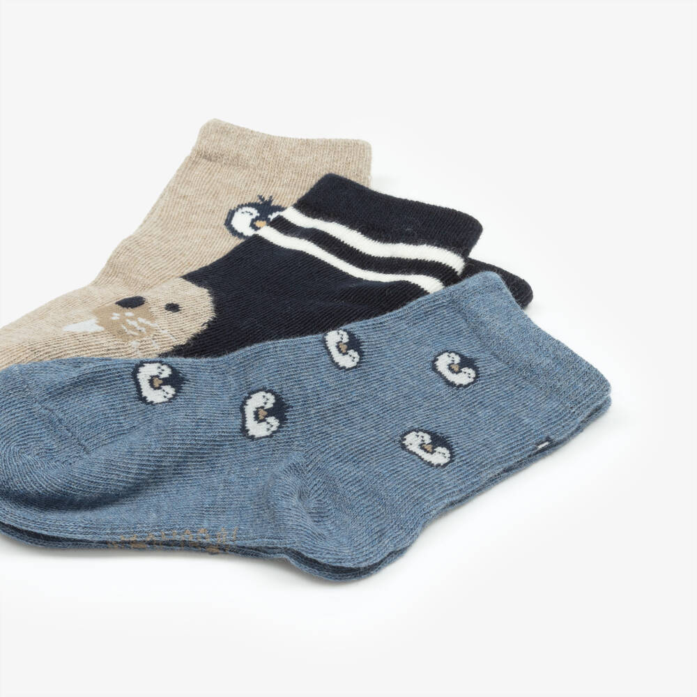 Mayoral-Navy Blue & Beige Penguin & Seal Socks (3 Pack) | Childrensalon