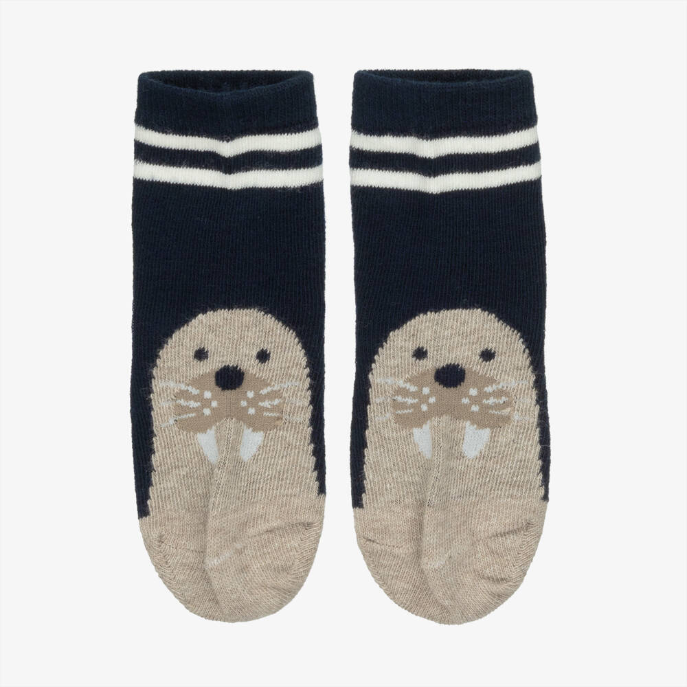 Mayoral-Navy Blue & Beige Penguin & Seal Socks (3 Pack) | Childrensalon