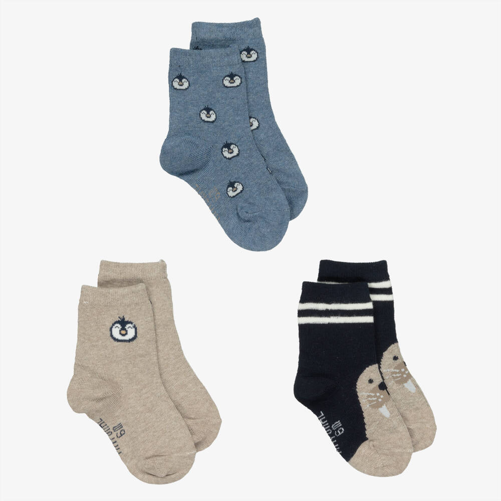 Mayoral-Navy Blue & Beige Penguin & Seal Socks (3 Pack) | Childrensalon