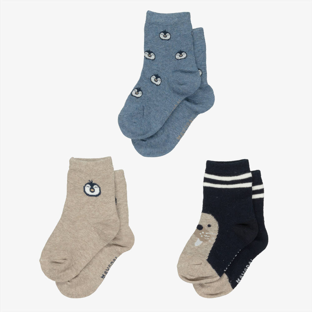 Mayoral-Navy Blue & Beige Penguin & Seal Socks (3 Pack) | Childrensalon