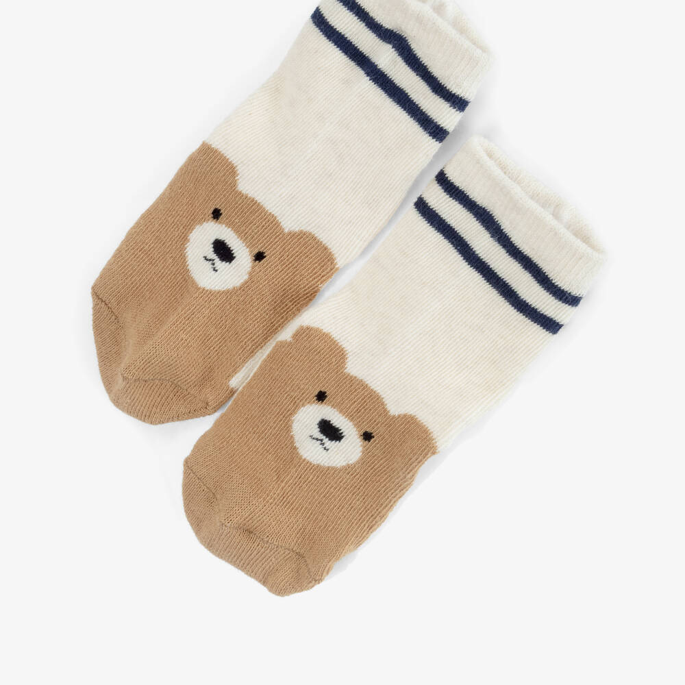 Mayoral-Navy Blue & Beige Teddy Bear Socks (3 Pack) | Childrensalon