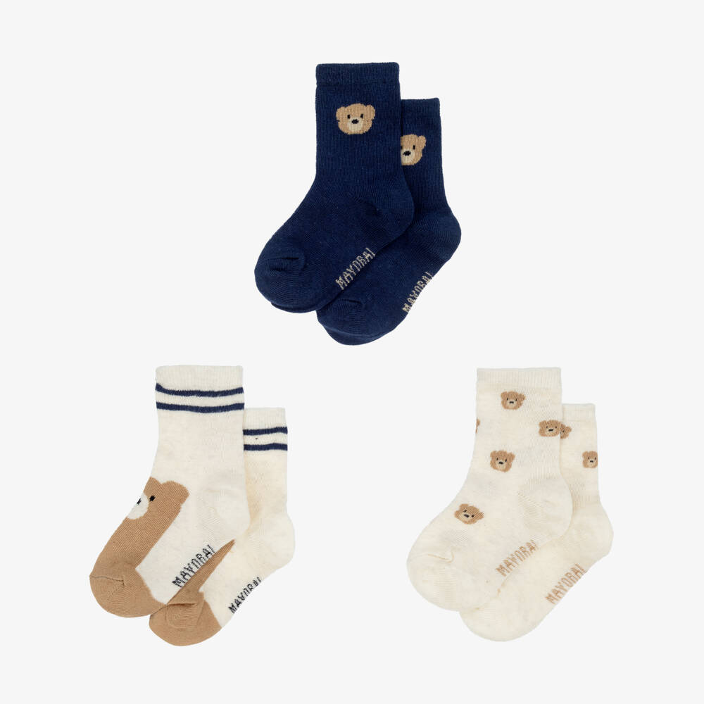 Mayoral-Navy Blue & Beige Teddy Bear Socks (3 Pack) | Childrensalon
