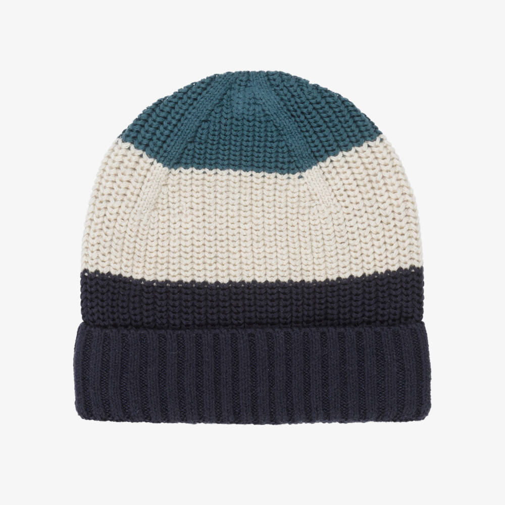 Mayoral-Navy Blue & Green Cotton Knitted Beanie Hat | Childrensalon