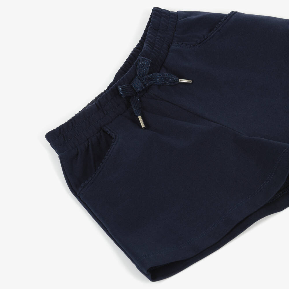 Mayoral-Girls Blue Cotton Jersey Shorts with Pom-Pom Pocket Trim | Childrensalon