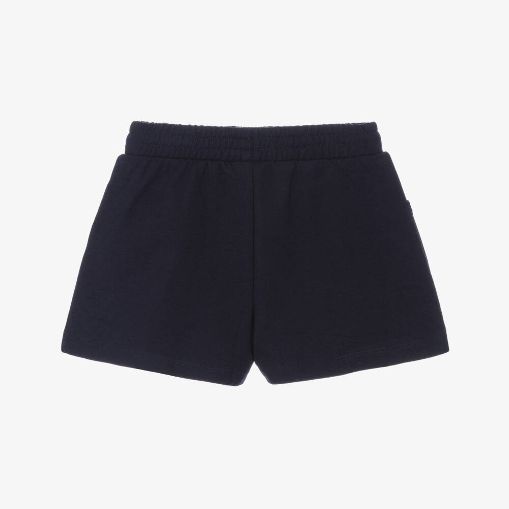 Mayoral-Girls Blue Cotton Jersey Shorts with Pom-Pom Pocket Trim | Childrensalon