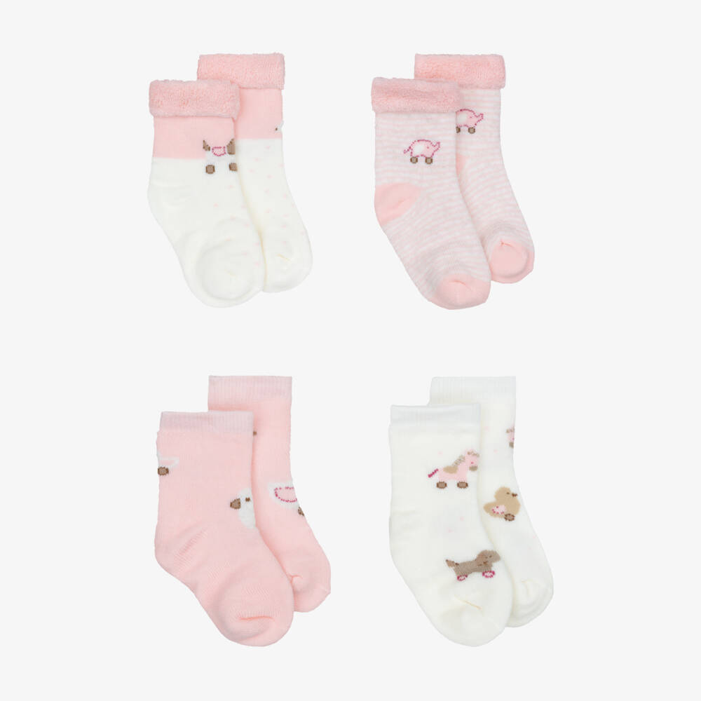 Mayoral Newborn-Pink Baby Socks with Animal Motifs (4 Pack) | Childrensalon