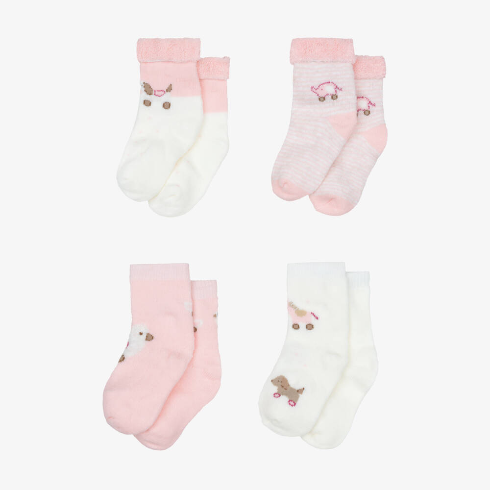 Mayoral Newborn-Pink Baby Socks with Animal Motifs (4 Pack) | Childrensalon