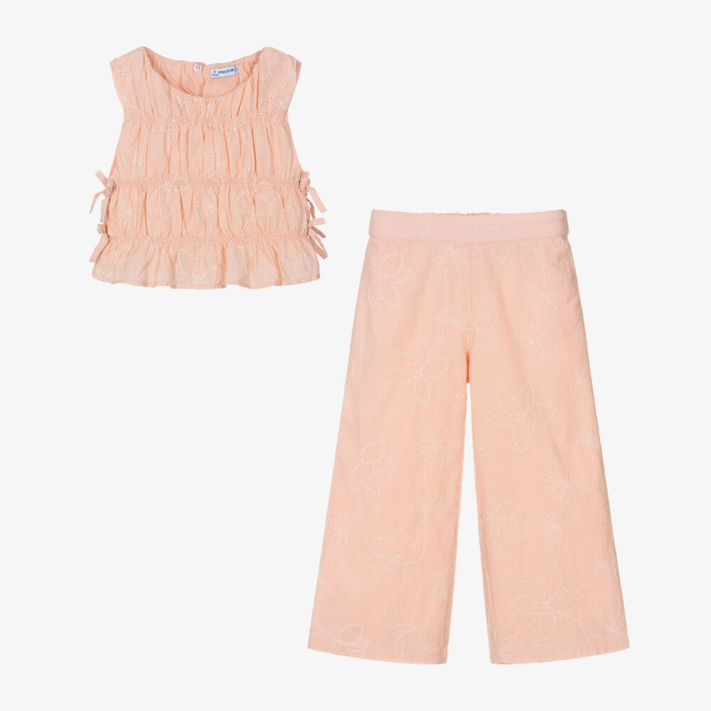 Mayoral-Girls Pink Cotton Trouser Set with Broderie Details | Childrensalon