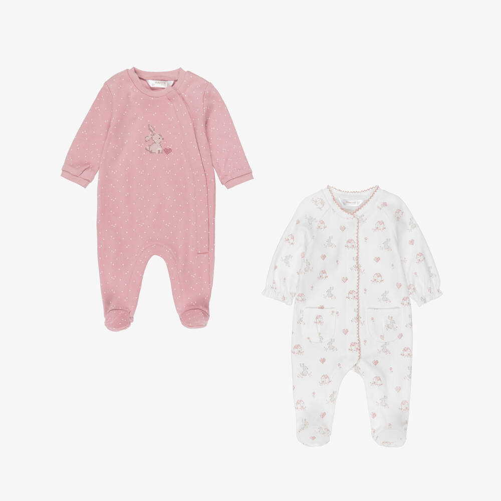 Mayoral Newborn-Pink & Ivory Cotton Bunny Babygrows (2 Pack) | Childrensalon