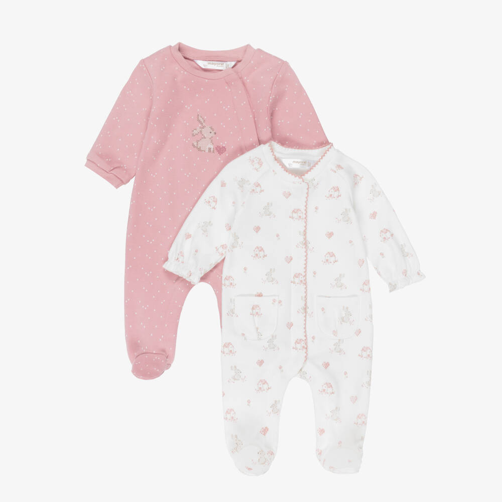 Mayoral Newborn-Pink & Ivory Cotton Bunny Babygrows (2 Pack) | Childrensalon