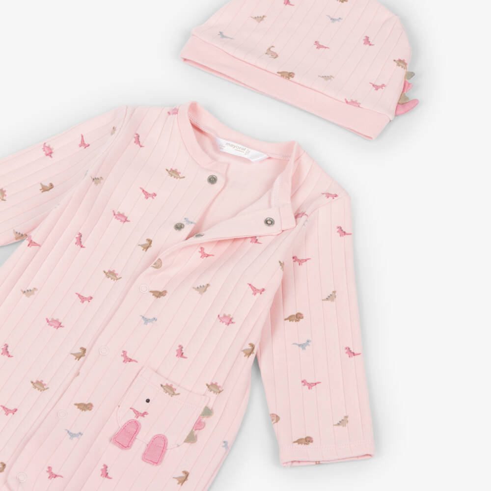 Mayoral Для новорожденных-Pink Ribbed Cotton Dinosaur Babygrow Set | Childrensalon