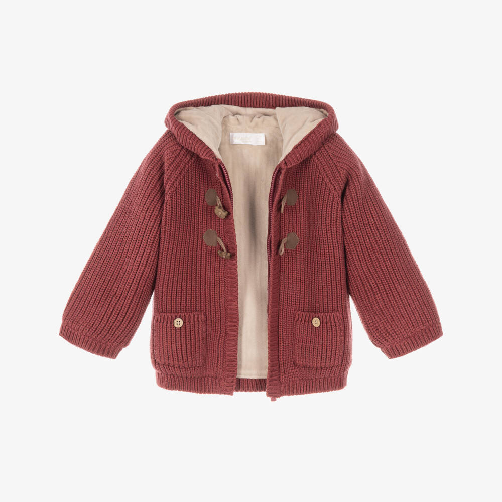 Mayoral Для новорожденных-Red Knitted Baby Pram Coat with Pom-Pom Hood | Childrensalon