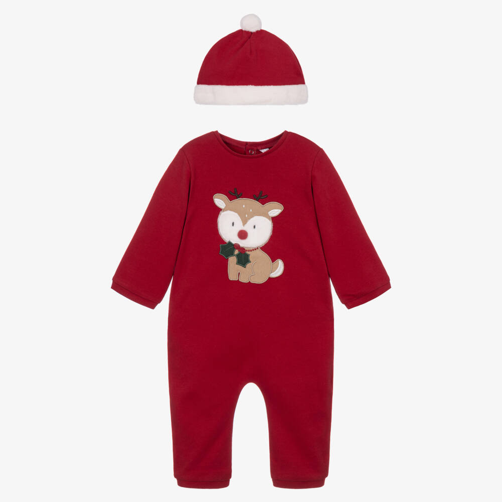 Mayoral Newborn-Red Reindeer Romper & Hat Set in Cotton Jersey | Childrensalon