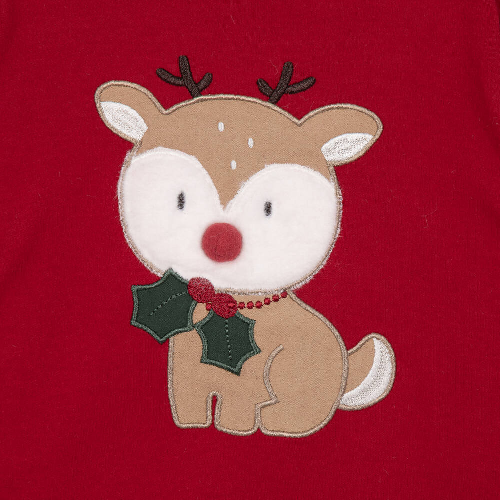 Mayoral Newborn-Red Reindeer Romper & Hat Set in Cotton Jersey | Childrensalon