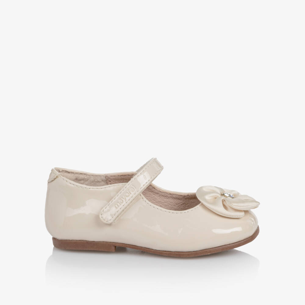 Mayoral-Toddler Girls Ivory Patent Shoes with Embellished Flower | Childrensalon