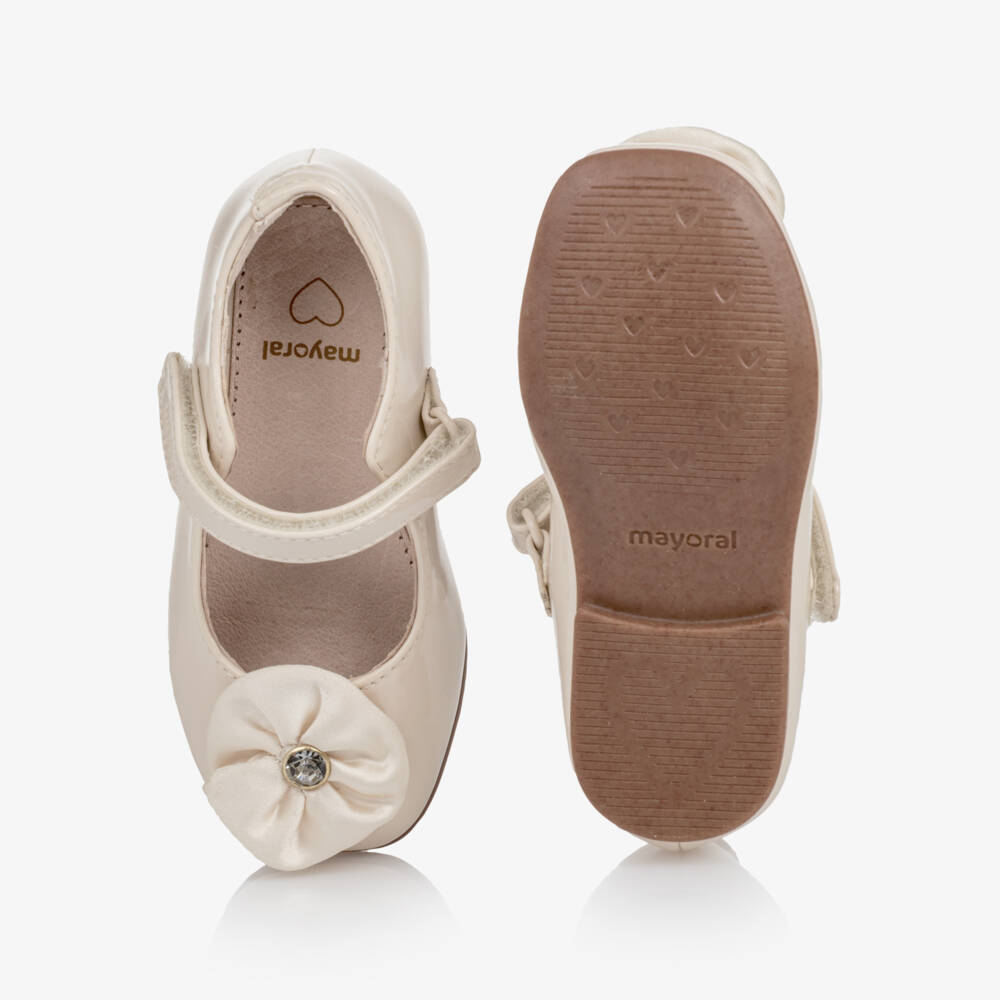 Mayoral-Toddler Girls Ivory Patent Shoes with Embellished Flower | Childrensalon