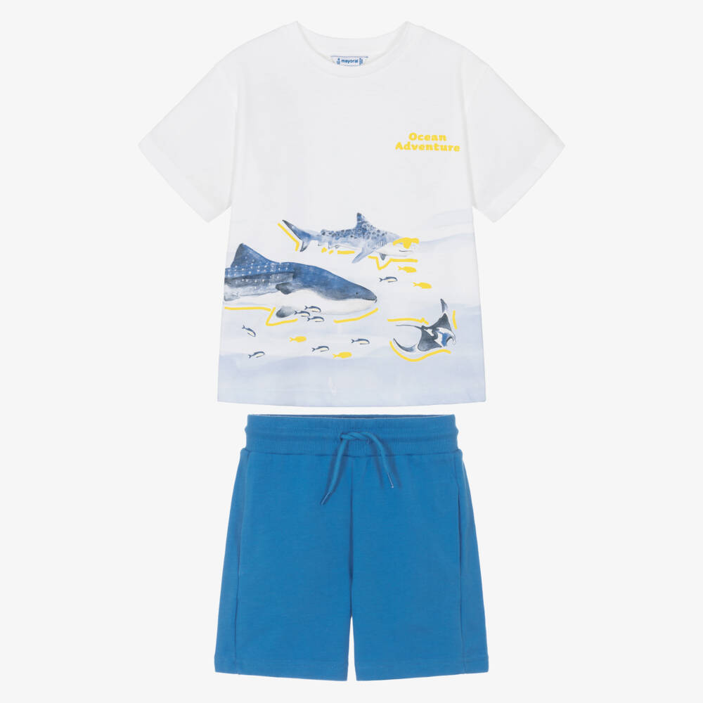 Mayoral-White & Blue Cotton Shorts Set with Shark Print | Childrensalon