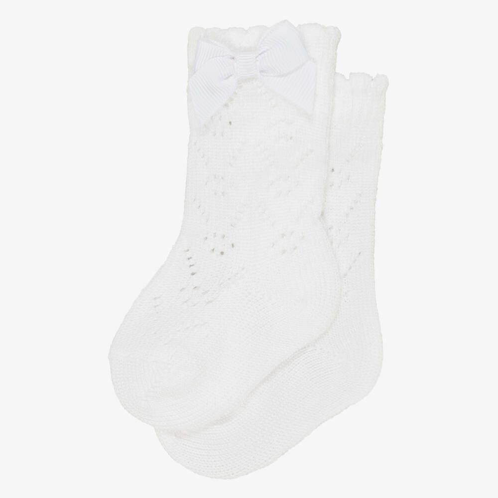 Mayoral Newborn-Baby Girls White Cotton Socks with Bow Trim | Childrensalon