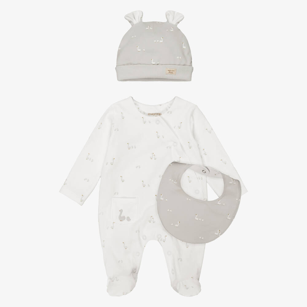 Mayoral Newborn-White Cotton Duck Print Babysuit Set | Childrensalon