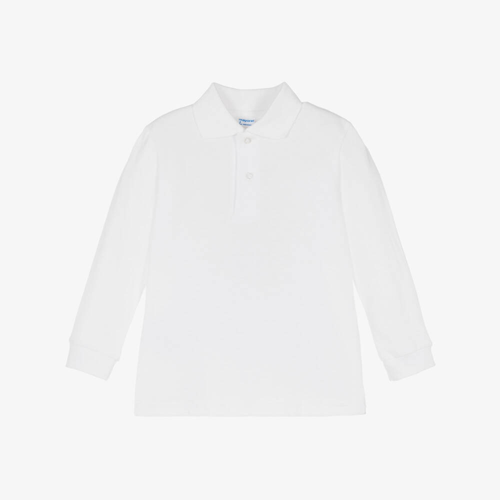 Mayoral-White Cotton Piqué Long Sleeve Polo Shirt | Childrensalon