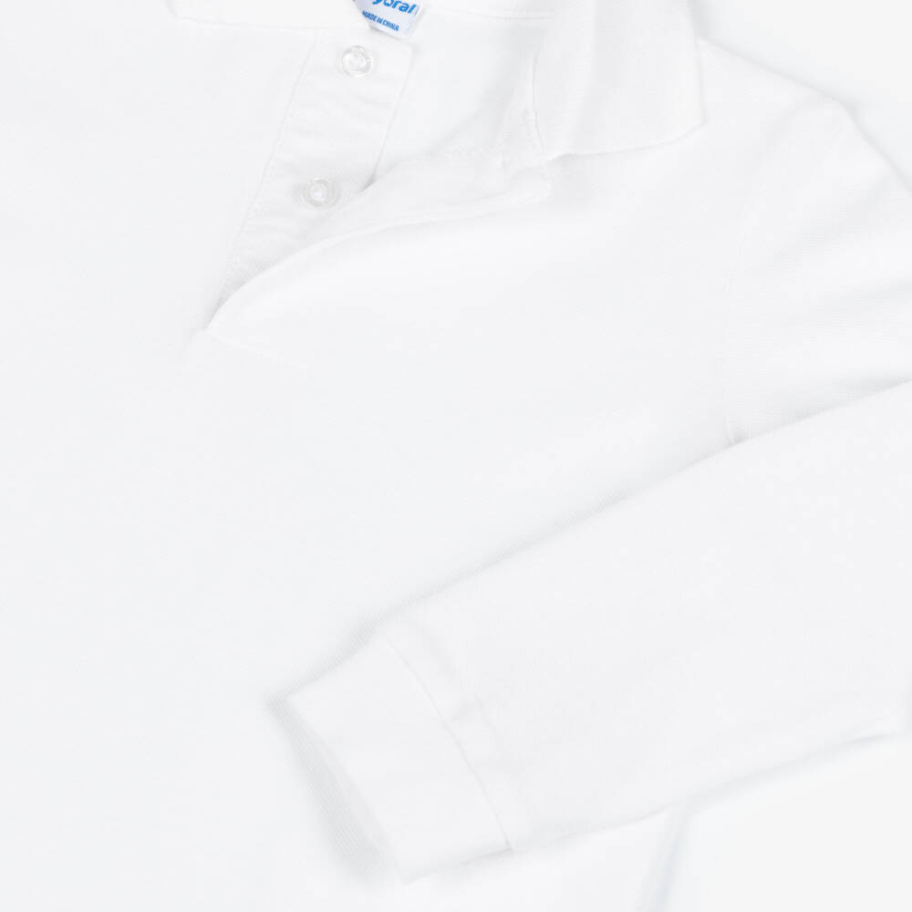 Mayoral-White Cotton Piqué Long Sleeve Polo Shirt | Childrensalon